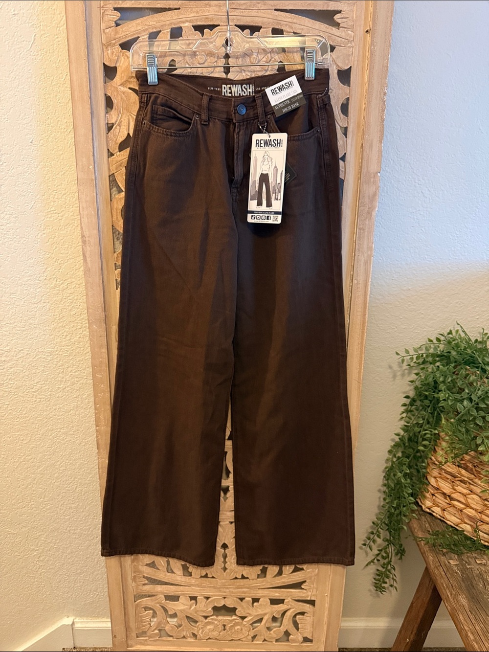 REWASH Womens Dark Brown Relaxed Wide-Leg Jeans